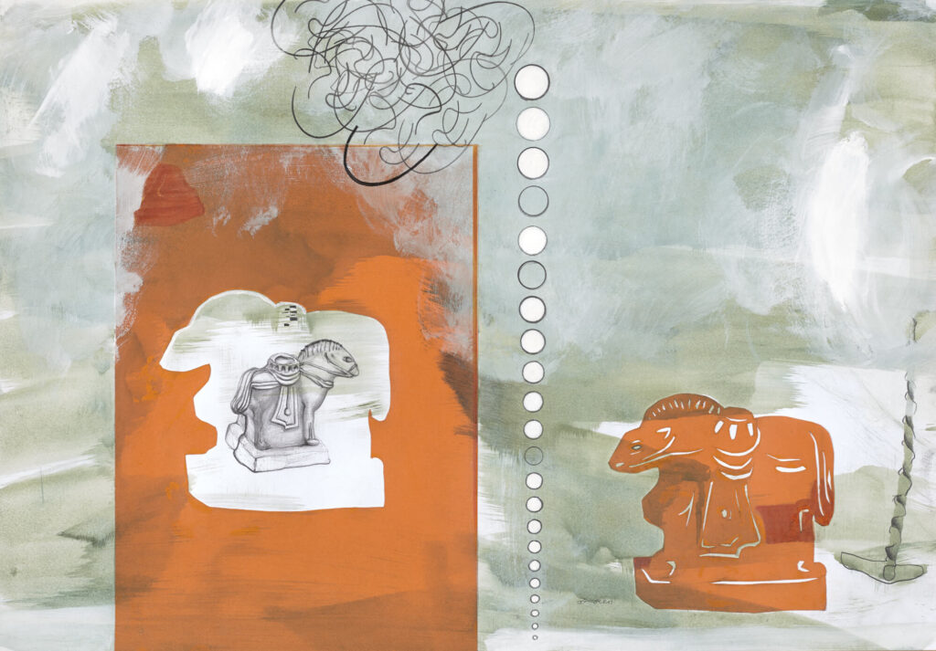 Rückdoppelung I, 2019, 44x63cm, Bleistift, Acryl, farbiger Karton collagiert auf Papier