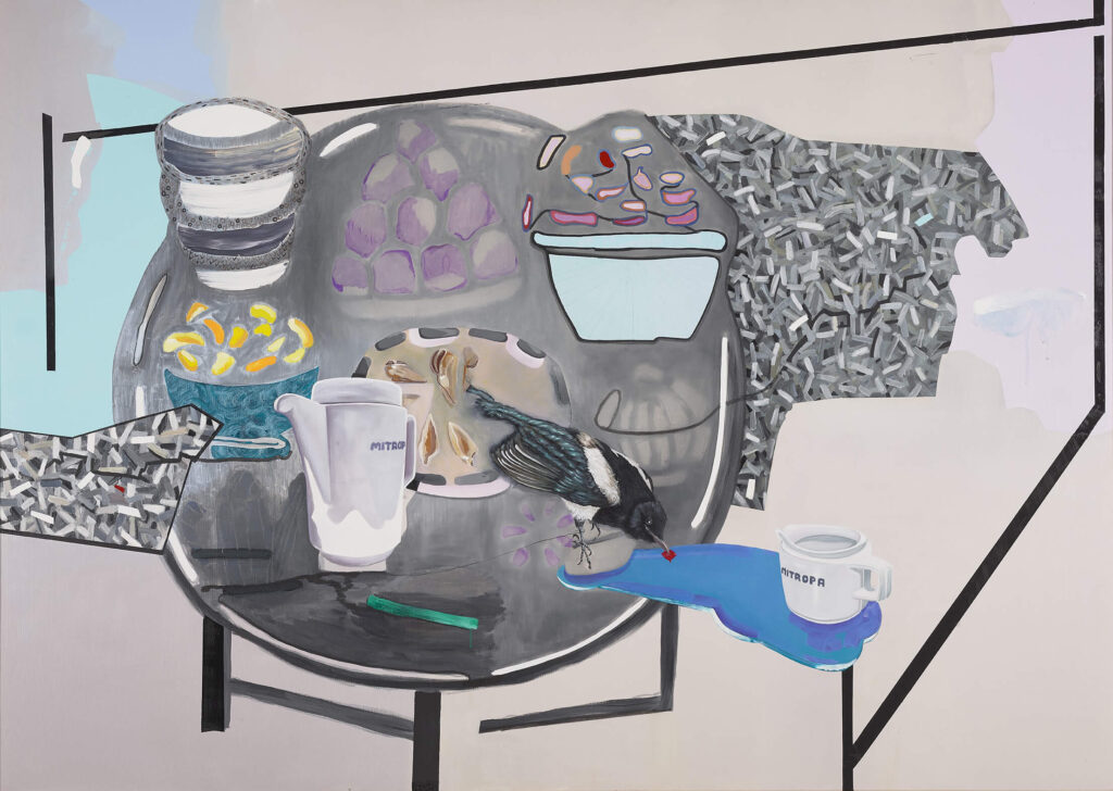 Tischvorlage: der Teilnehmer ist willkommen, 2022, 150x210cm, Öl auf Leinwand