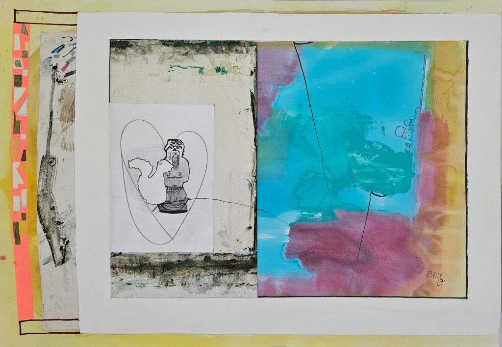 URR I, 2024, 70x100cm, Tempera, Ölfarbe, Bleistift, Papier auf Papier